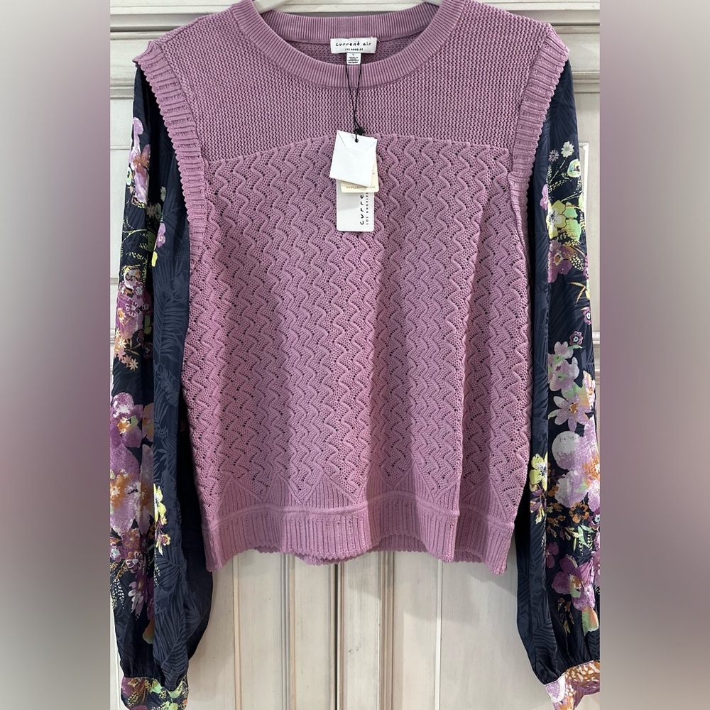 NWT SZ L Current Air Mauve Textured Women's Sweater W/floral long sleeves